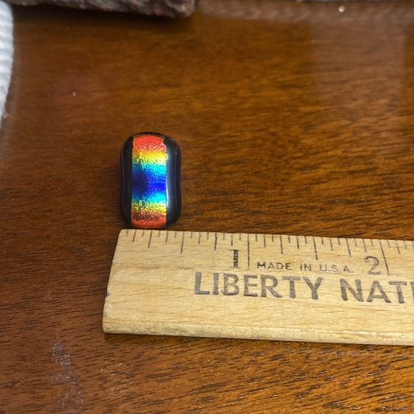 Dichroic Fused Glass Earrings Double Rainbow on Black Small Rectangle Posts - Picture 7 of 7